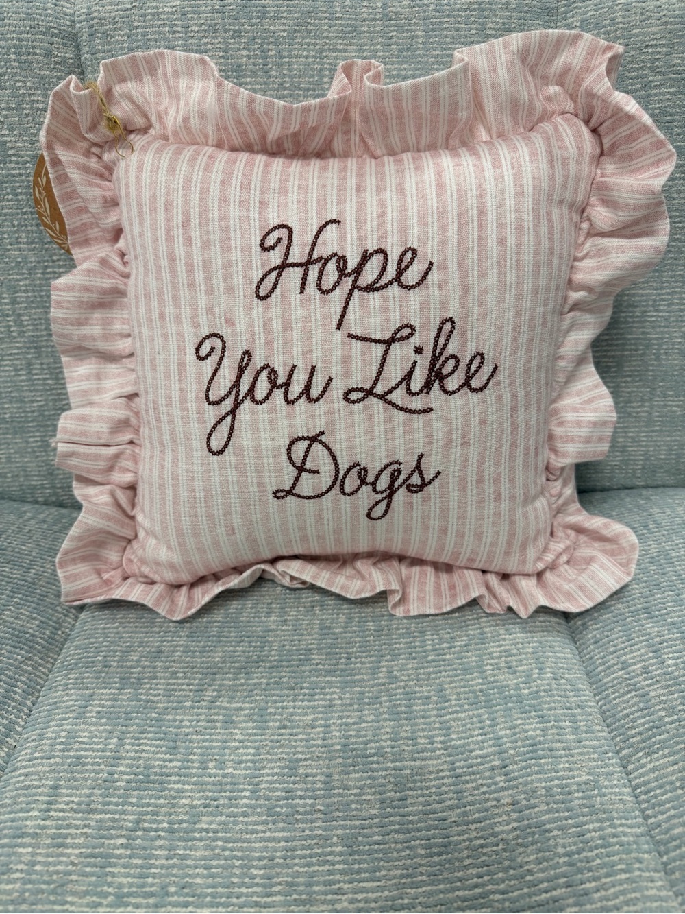 Hope you like dogs Striped Pinstripe Decorative Pillow Ruffles Embroidered